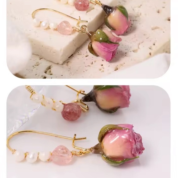 Rosebud Drop Earrings with Pearls & Crystals - Picture 7 of 13